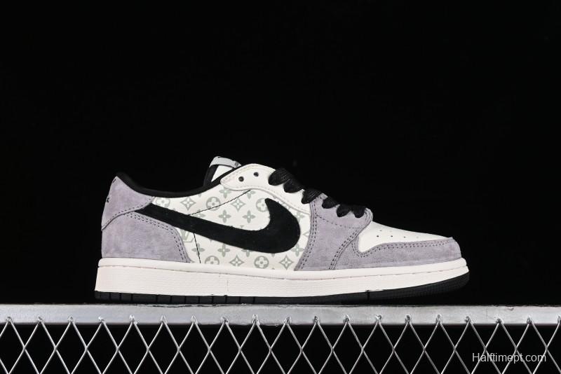 Nike Travis Scott x Fragment Design x Jordan Air Jordan 1 Low OG SP AJ1 LV Grey Black Pig Print Low-top Casual Sneakers - SJ2068-101
