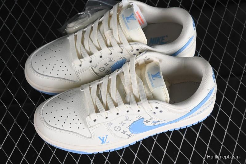 Nike SB Dunk Low LV Collaboration - Beige Blue Double Swoosh Print Anniversary Custom Low-Top Casual Sneakers - CF3688-005