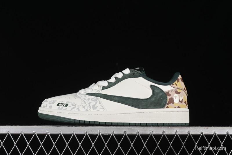 Nike Travis Scott x Fragment Design x Air Jordan 1 Low OG SP AJ1 Bape Collaboration - Camo Green Low Top Casual Sneakers - JH6088-614