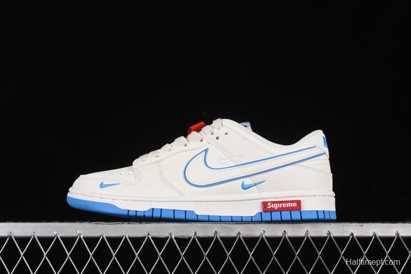 Nike SB Dunk Low Supreme Collaboration - Cream White with Sky Blue Swoosh Anniversary Customized Low-Top Casual Skate Shoes - DJ2024-012