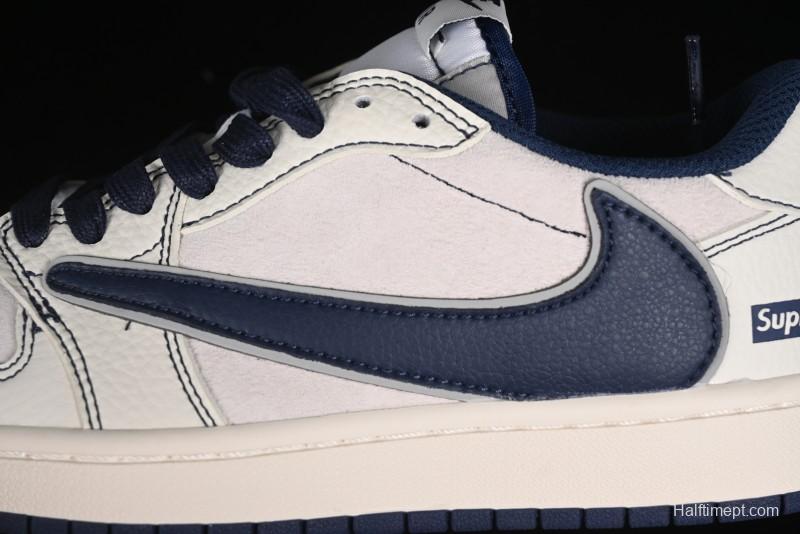 Nike Travis Scott x Fragment Design x Air Jordan 1 Low OG SP AJ1 Supreme Collaboration - Dark Blue Swoosh Low-Top Casual Sneakers - XZ2268-001