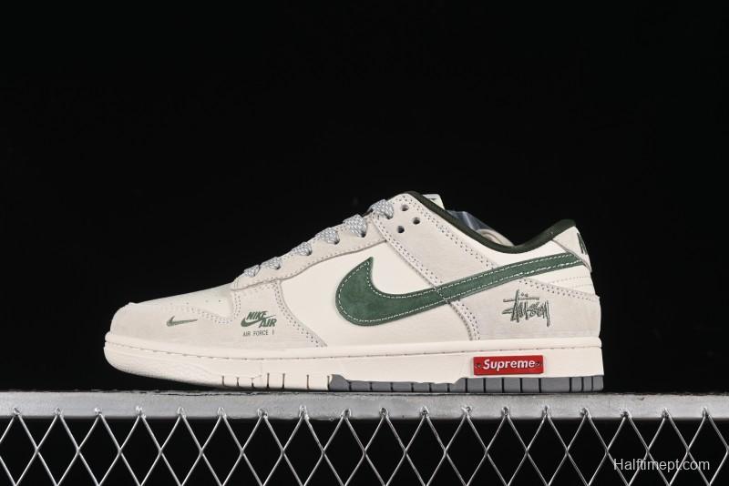 Nike SB Dunk Low Supreme x Stussy Triple Collaboration - Off White Green Swoosh Anniversary Custom Low-Top Casual Sneakers - SJ2068-303