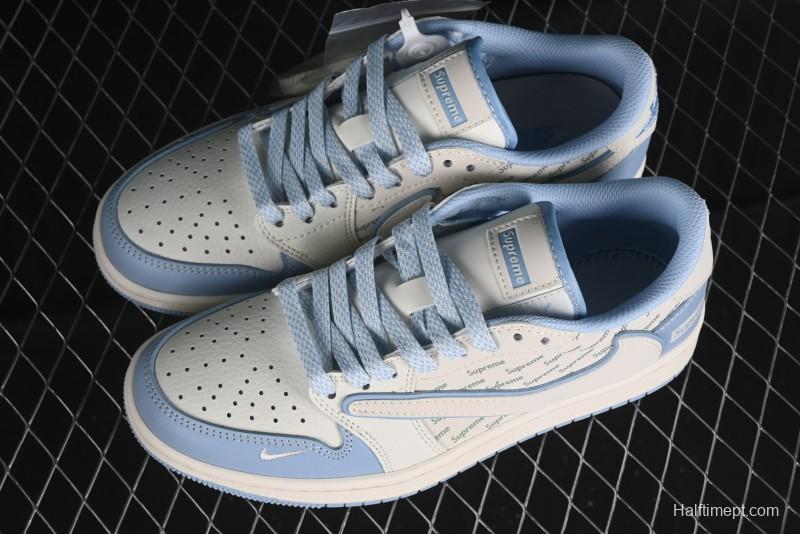 Nike Travis Scott x Fragment Design x Air Jordan 1 Low OG SP AJ1 Supreme Collaboration - White Blue Lettering Low Top Casual Sneakers - XY2688-116