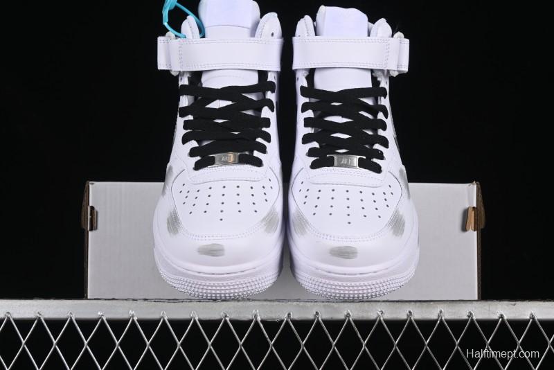 Nike Air Force 1 '07 Mid Casual Sneakers in White/Grey/Black with Hand-Painted Cracked Swoosh Shadow Detail - CW2289-111