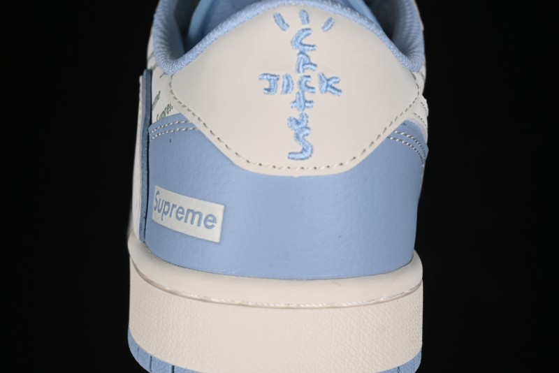 Nike Travis Scott x Fragment Design x Air Jordan 1 Low OG SP AJ1 Supreme Collaboration - White Blue Lettering Low Top Casual Sneakers - XY2688-116