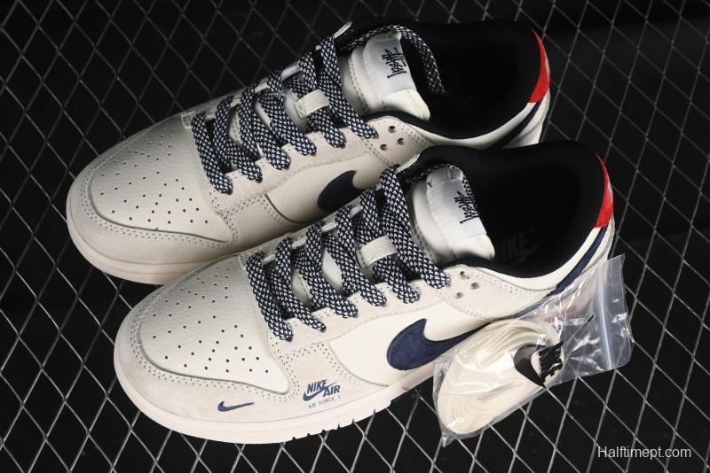 Nike SB Dunk Low Supreme x Stussy Triple Collaboration - Off White Navy Swoosh Anniversary Custom Low-Top Casual Sneakers - SJ2068-301