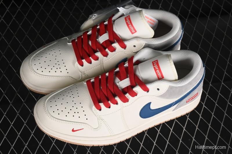 Nike Air Jordan 1 Low Supreme Collaboration - Retro Basketball Shoes in Blue and Gum Sole - SJ9950-022