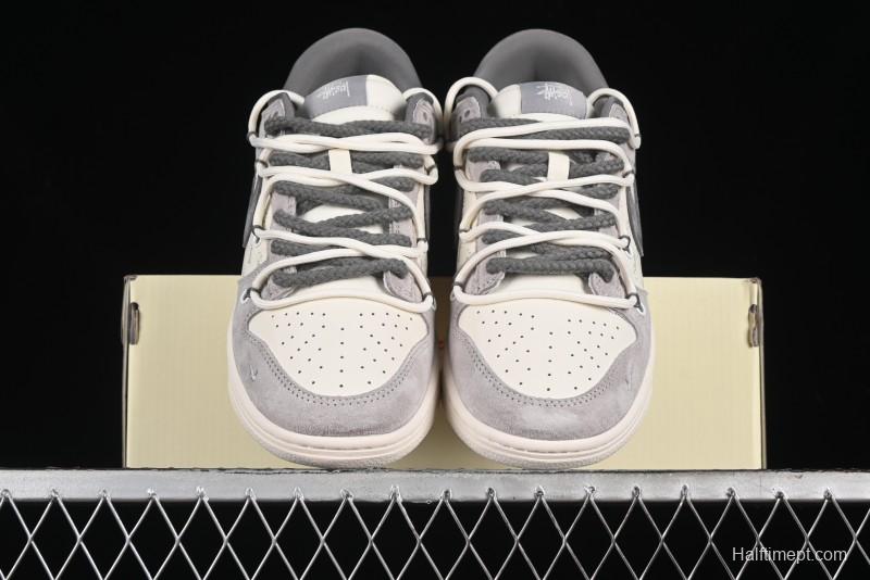 Nike SB Dunk Low Stussy Collaboration - Strap Grey Embroidered Swoosh Anniversary Custom Low-Top Casual Skate Shoes - SJ2068-307