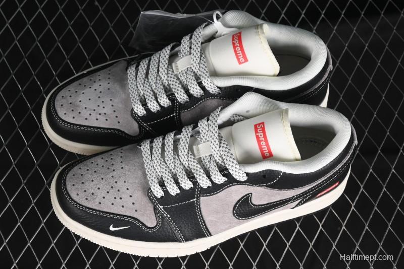 Nike Air Jordan 1 Low Supreme Collaboration - Black Grey Pigskin Two-Tone High-End Custom Retro Basketball Shoes - SJ9950-032