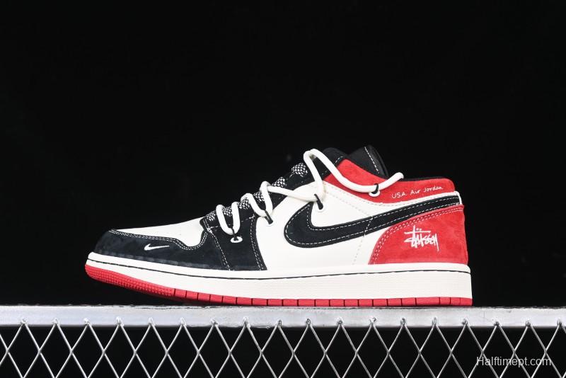 Nike Air Jordan 1 Low Stussy Collaboration - Black Red Custom High-End Retro Basketball Shoes - SJ9950-048