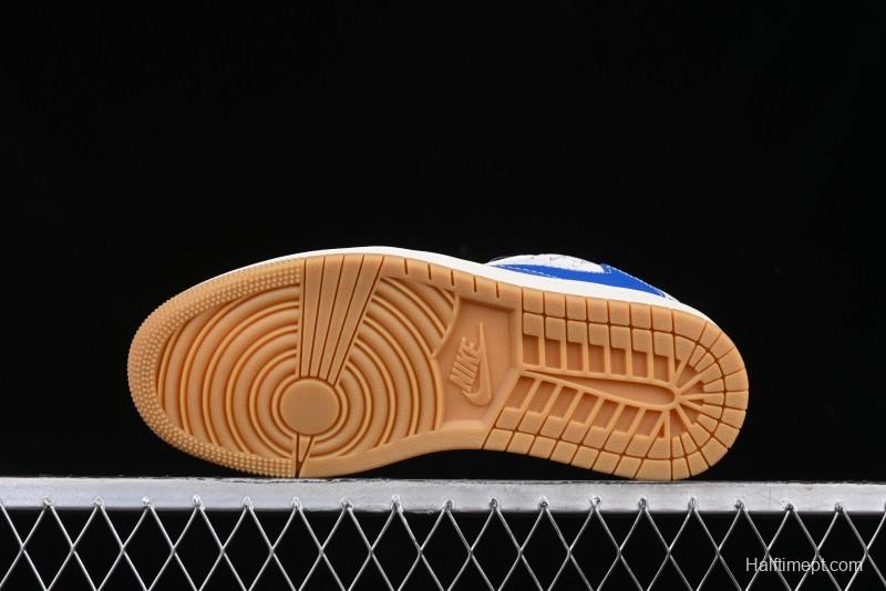 Nike Travis Scott x Fragment Design x Air Jordan 1 Low OG SP AJ1 Snake Year Limited Blue Swoosh Gum Sole Low-top Casual Sneakers - XS3086-011