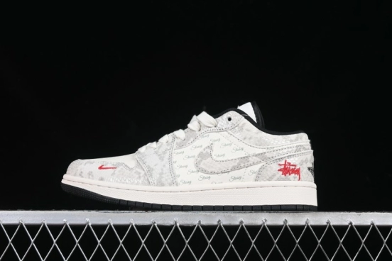 Nike Air Jordan 1 Low Retro Basketball Shoes - Stussy Grey Snake Custom - FC1688-200