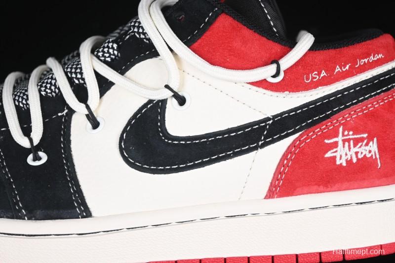 Nike Air Jordan 1 Low Stussy Collaboration - Black Red Custom High-End Retro Basketball Shoes - SJ9950-048