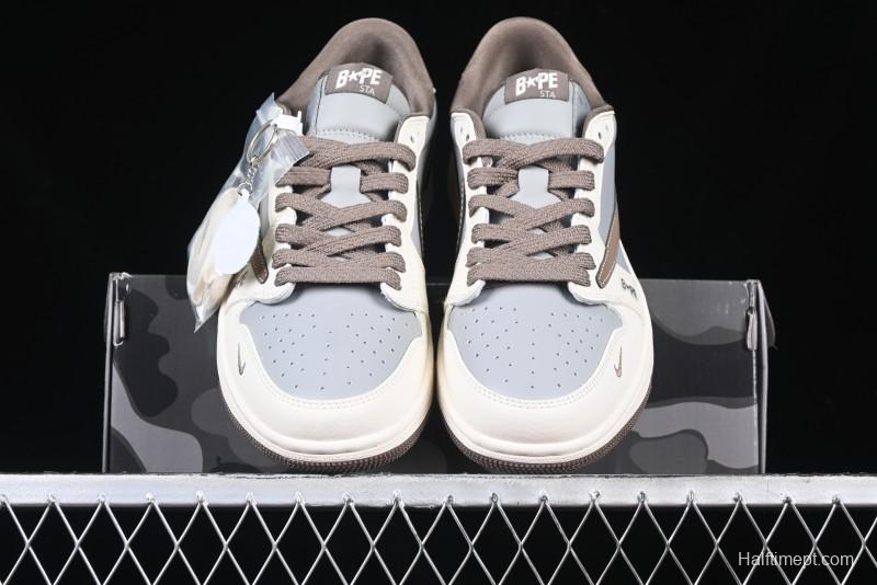 Nike Travis Scott x Fragment Design x Air Jordan 1 Low OG SP AJ1 Bape Collaboration Tea Brown Low-Top Casual Sneakers - BB6511-627