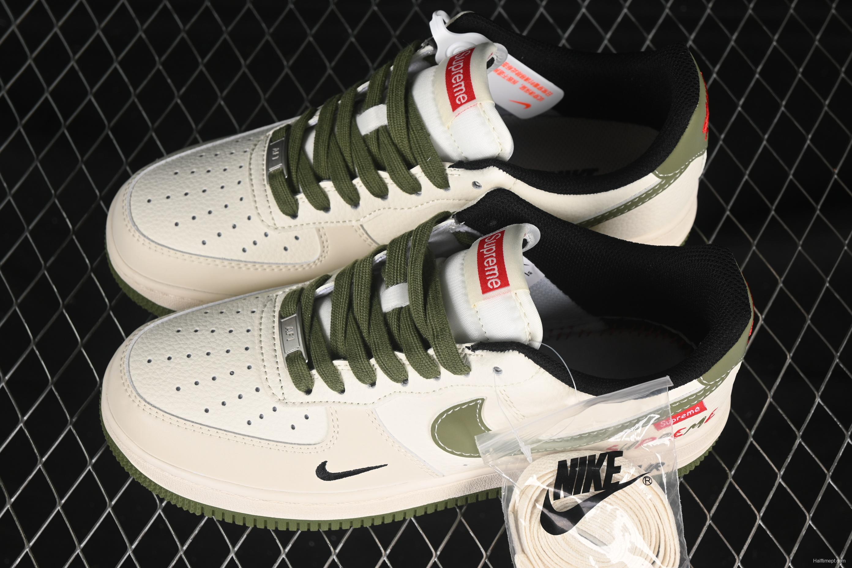Nike Air Force 1 '07 Low Supreme Collaboration Military Green Red Logo Casual Sneakers - XS1958-566