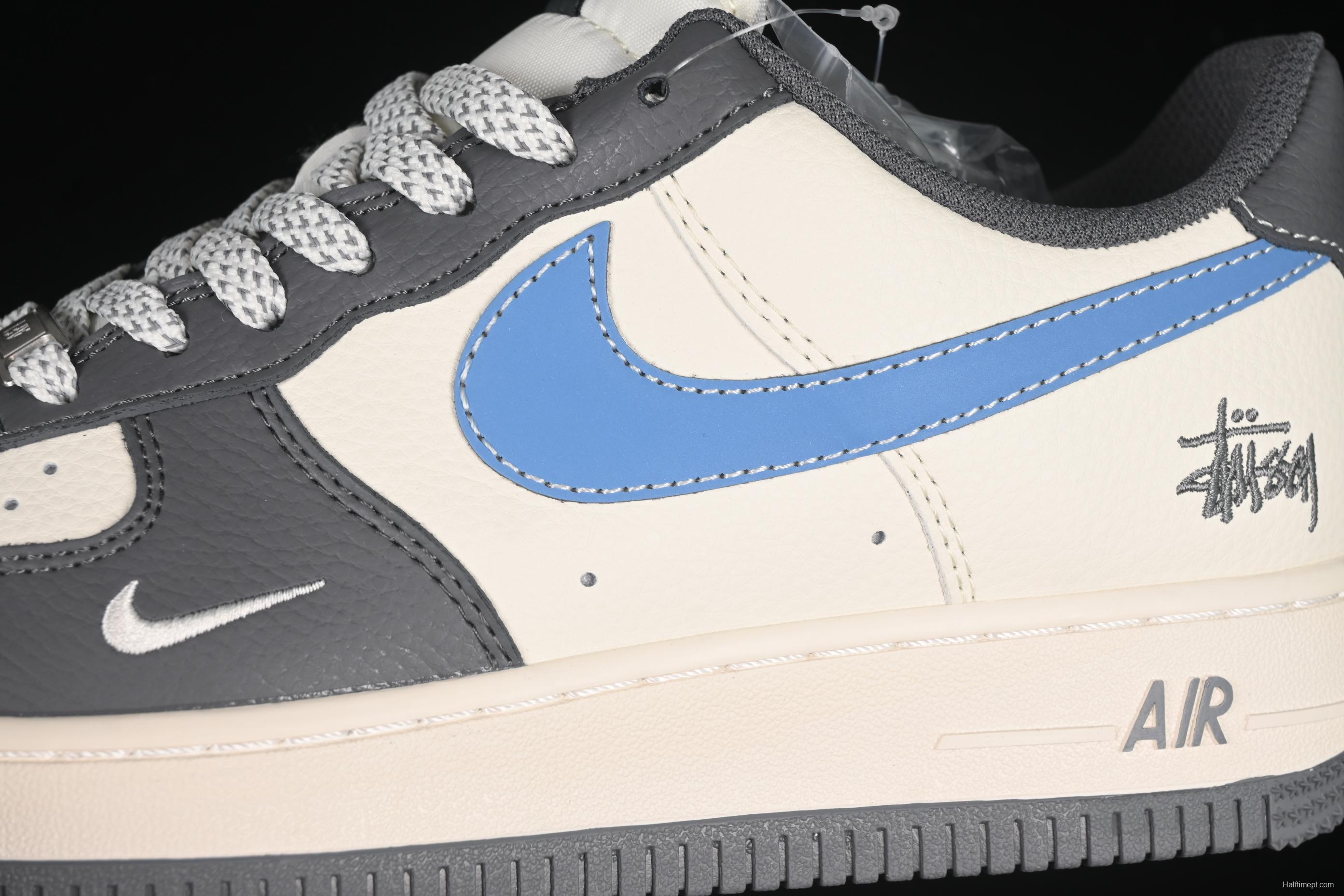 Nike Air Force 1 '07 Low Stussy Collaboration Light Grey Sky Blue Swoosh Casual Sneakers - XS1958-574