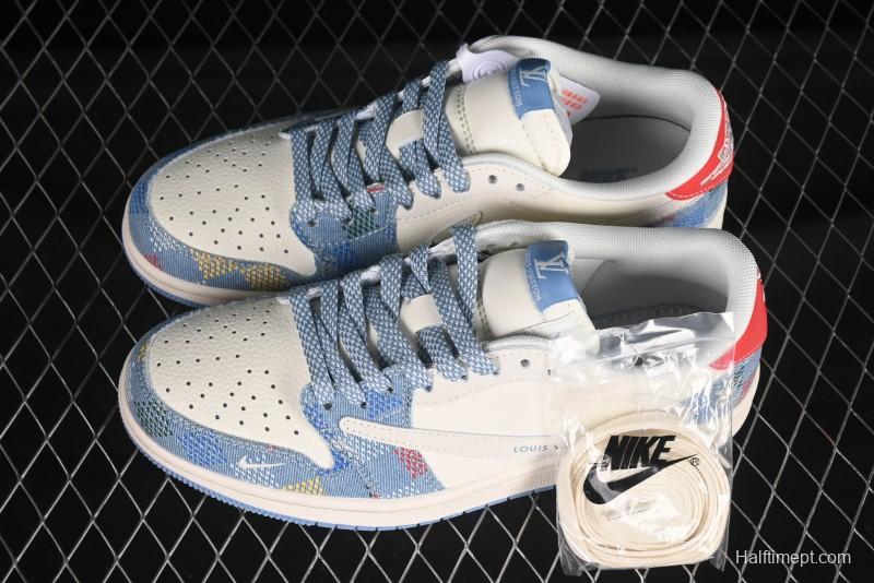 Nike Travis Scott x Fragment Design x Air Jordan 1 Low OG SP AJ1 LV Collaboration Multi-Color Canvas Low-Top Casual Sneakers - FC1688-232