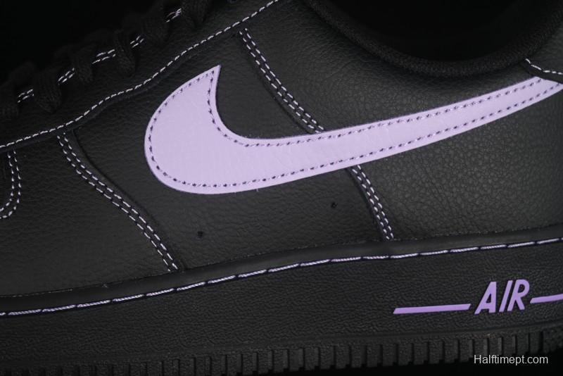 Nike Air Force 1'07 Low Casual Sneakers in Black with Purple Swoosh - HQ2037-001