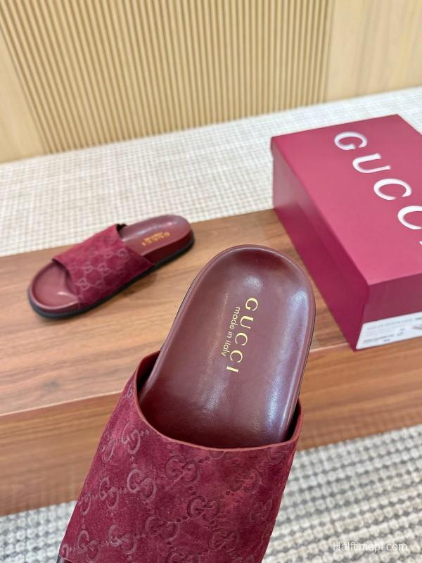 2025 Women Gucci Red Suede Leather Slippers