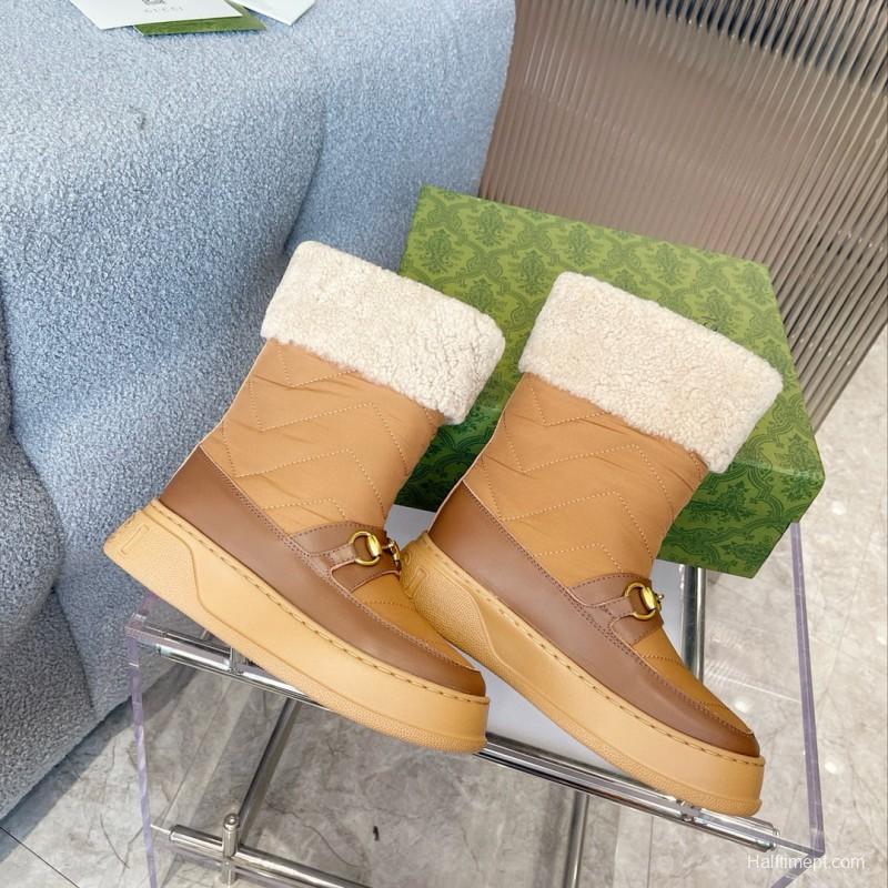 2024 Women Gucci Brown Tan Leather Shearling Lined Snow Boots MJ00420