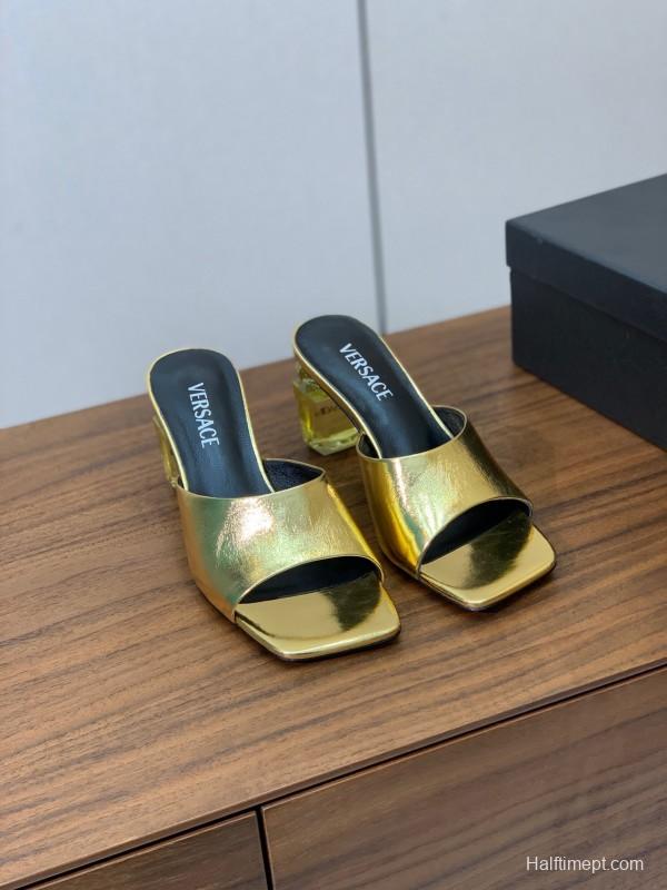 2025 Women VERSACE Gold Leather Heeled Sandals