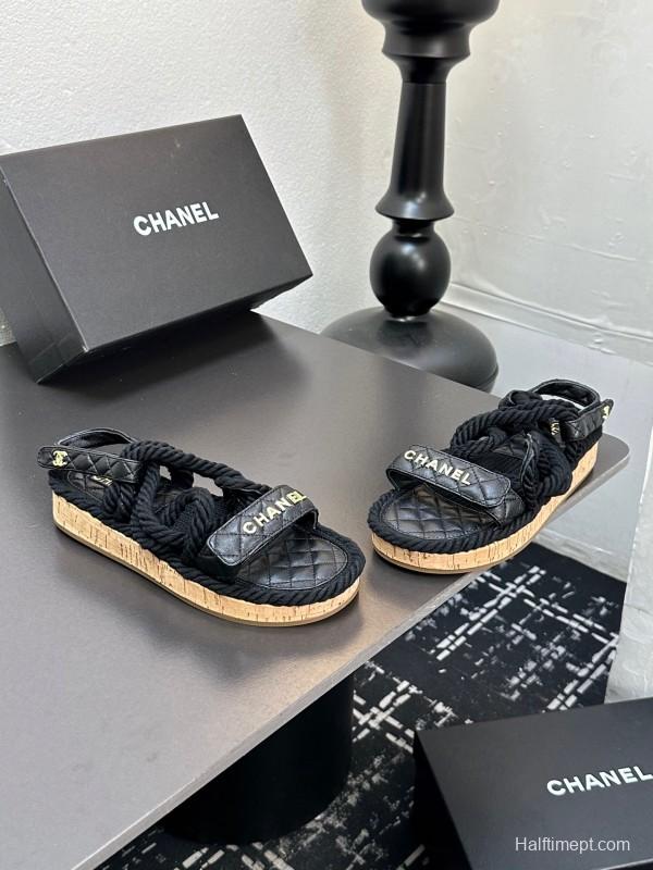 2025 Slippers Chanel Black Rope Leather Sandal LY00260
