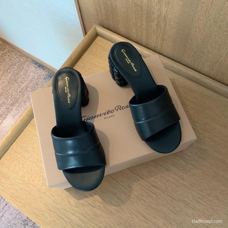2025 Women Gianvito Rossi Black Leather Slippers KFY00260