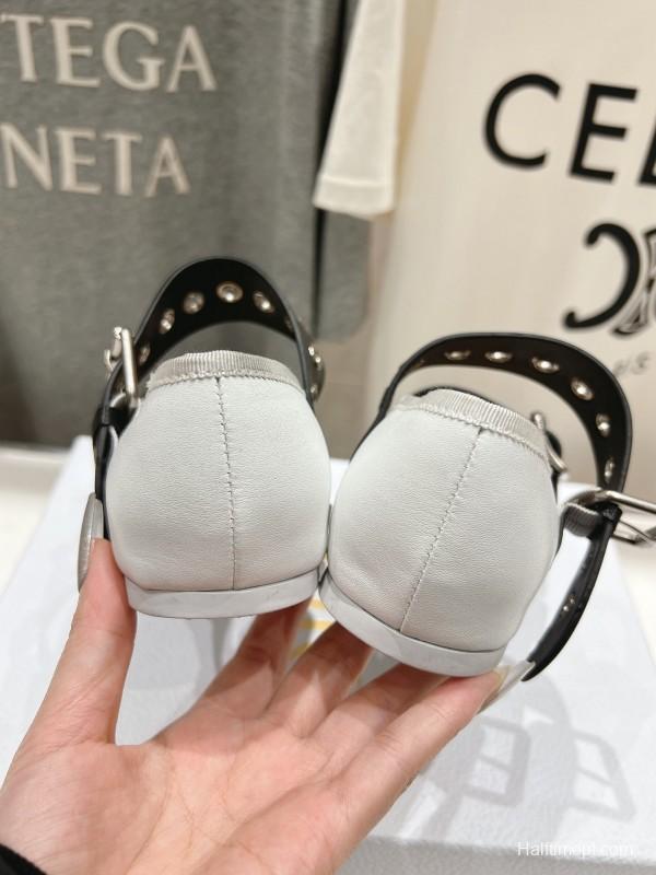 2025 Women Dior White Black Leather Mary Jane Buckle KFY00300