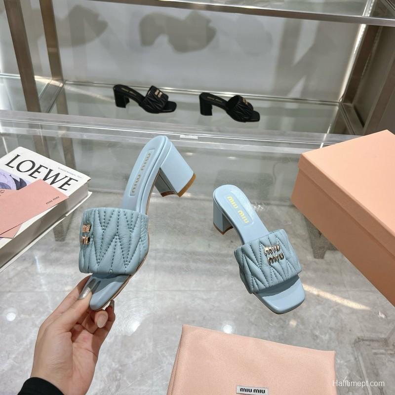 2025 Women Miumiu Light Blue Sheepskin Heeled Sandals