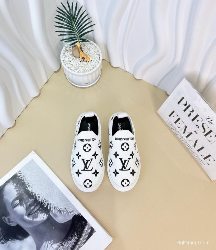 2024 Kids Louis Vuitton White Black Pink Canvas Slip-On Sneakers