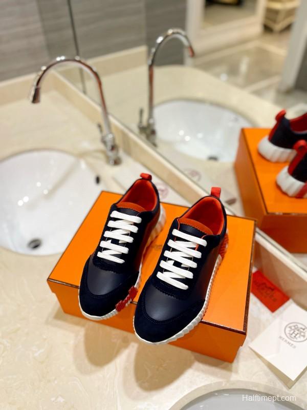 2024 Unisex Hermès Navy Red White Imported Glazed Calf Suede Rain Velvet Sneakers MJ00320
