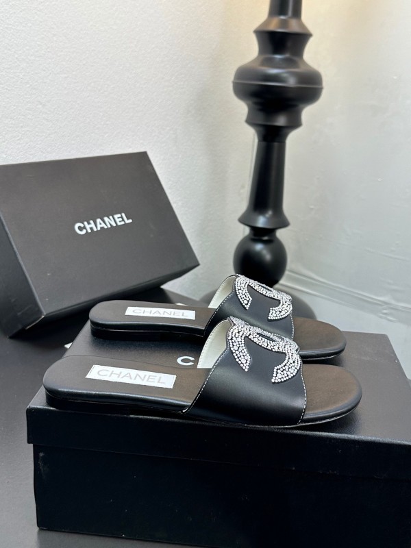 2025 Women Chanel Black Leather Rhinestone Logo Slide Sandals LY00360(F)