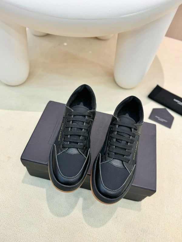 2024 Unisex Yves Saint Laurent Black Silk Leather Casual Shoes Embossed Logo MJ00350