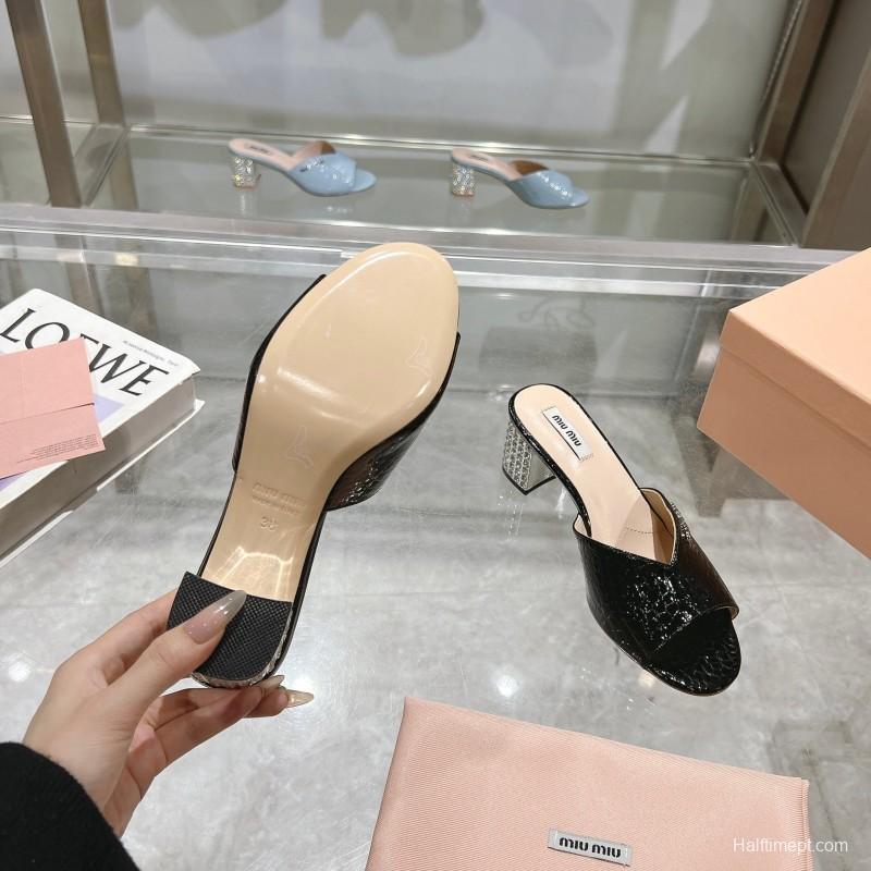 2025 Women Miu Miu Black Patent Leather Heeled Sandals