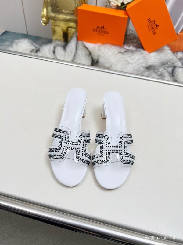 2025 Slippers Hermès White Leather Crystal MJ00180