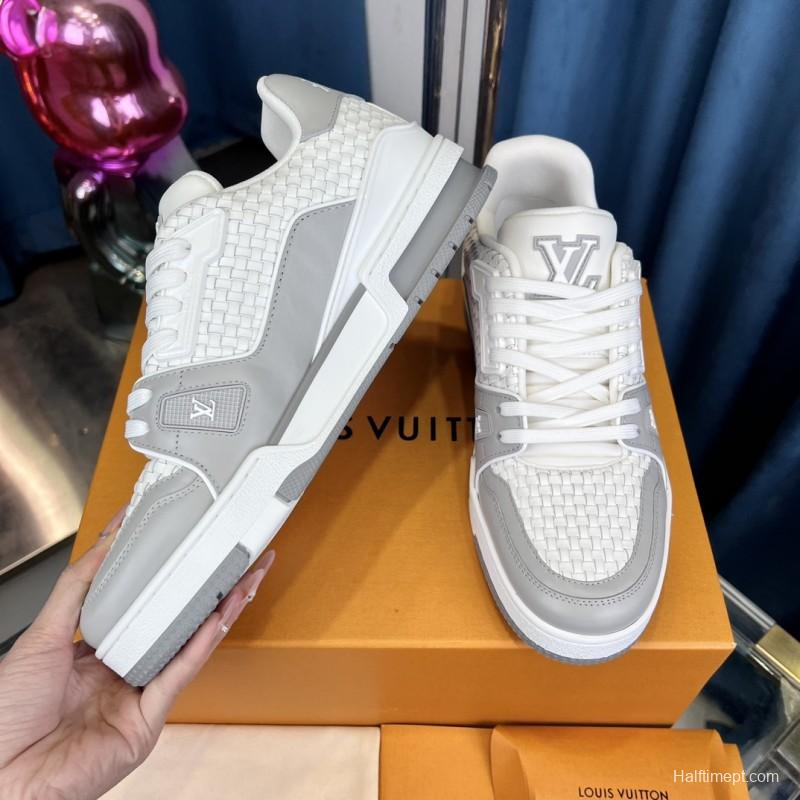 2025 Unisex Louis Vuitton White Grey Leather Fabric LV Trainer