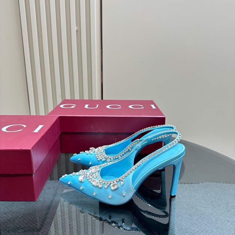 2025 Women Gucci Blue Silk Crystal Embellished Slingback High Heel KFY00340