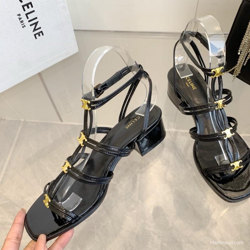 2025 Women Celine Black Patent Leather Sandals