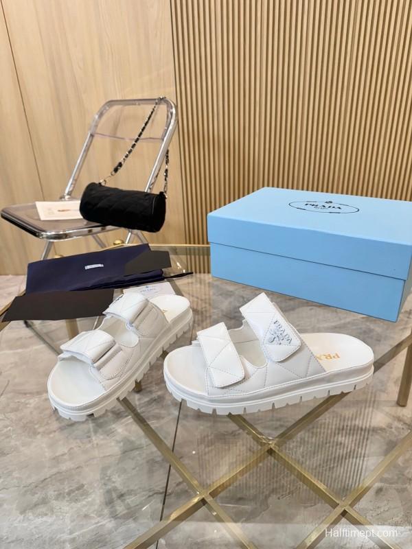2025 Women Prada White Leather Slippers LY00270
