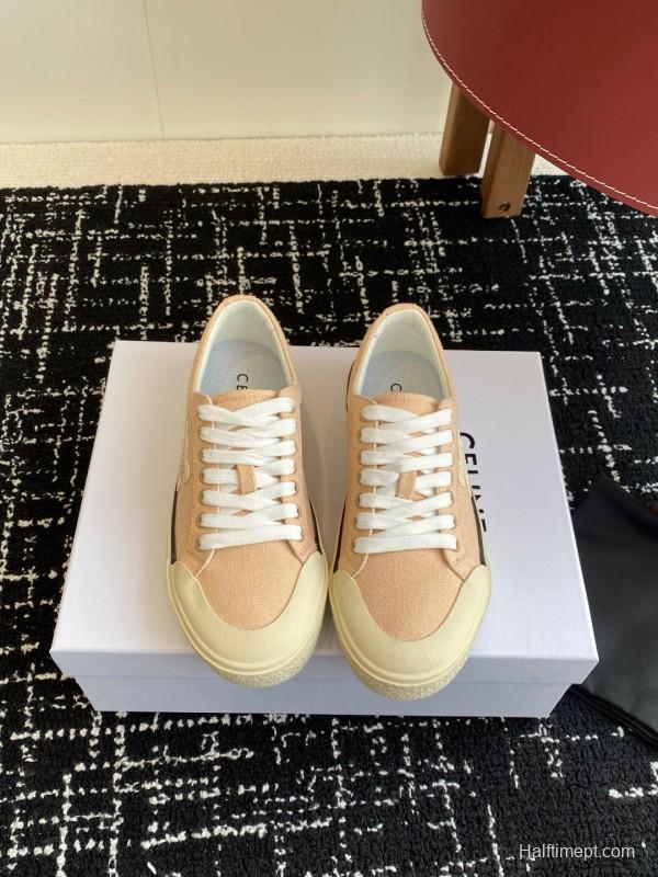 2025 Women Celine Beige Canvas Leather Platform Sneakers