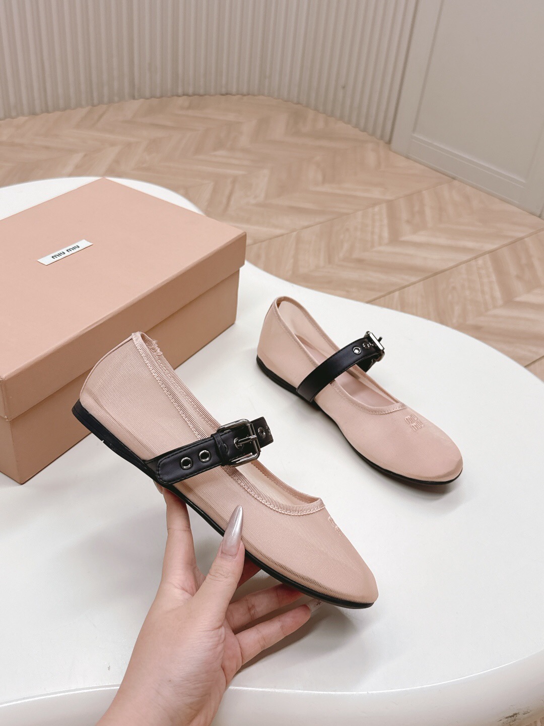 2025 Women Miu Miu Pink Black Fabric Leather Ballet Flats