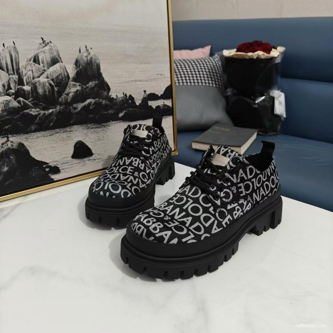 2024 Unisex Dolce & Gabbana Black White Leather Canvas Derby Chunky Shoes MJ00310