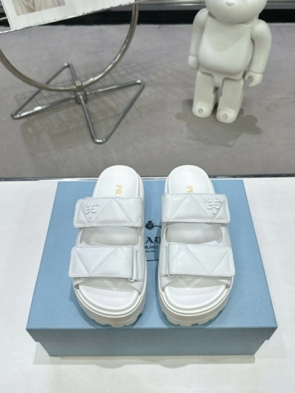 2025 Women Prada White Leather Sandals