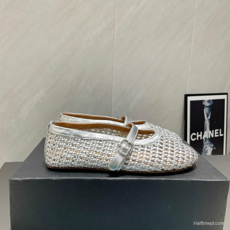 2025 Women Alaïa Silver Leather Woven Mary Jane Flats LY00360(F)