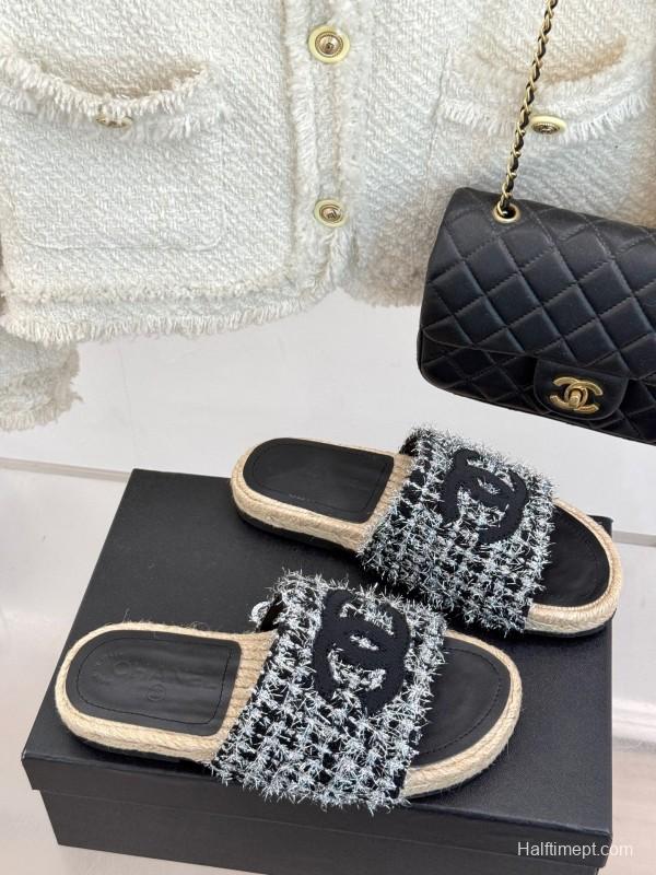 2025 Slippers Chanel Black White Tweed Espadrille Handcrafted KFY00230