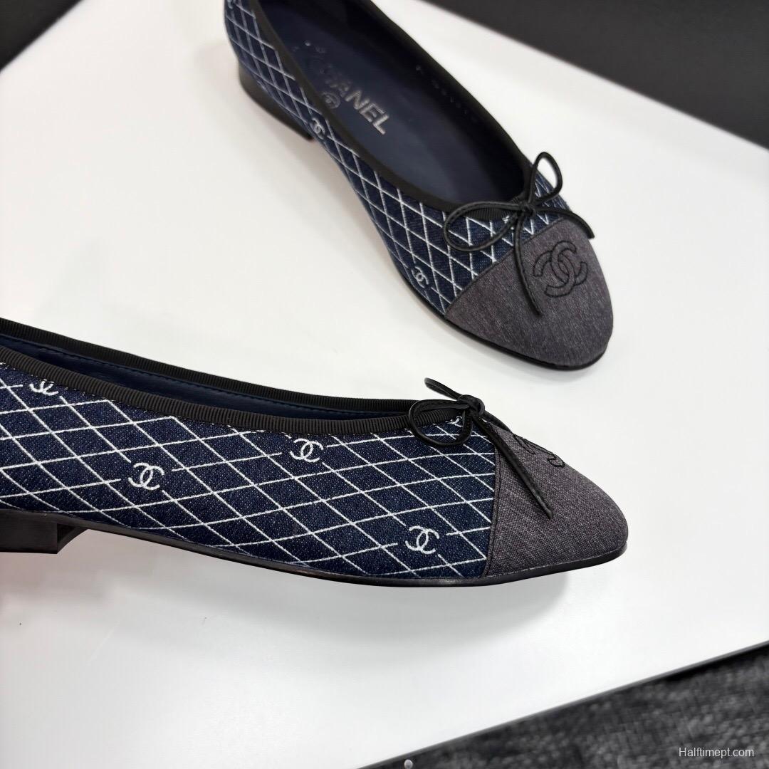 2025 Women Chanel Blue Grey Denim Textile Ballet Flat LY00360