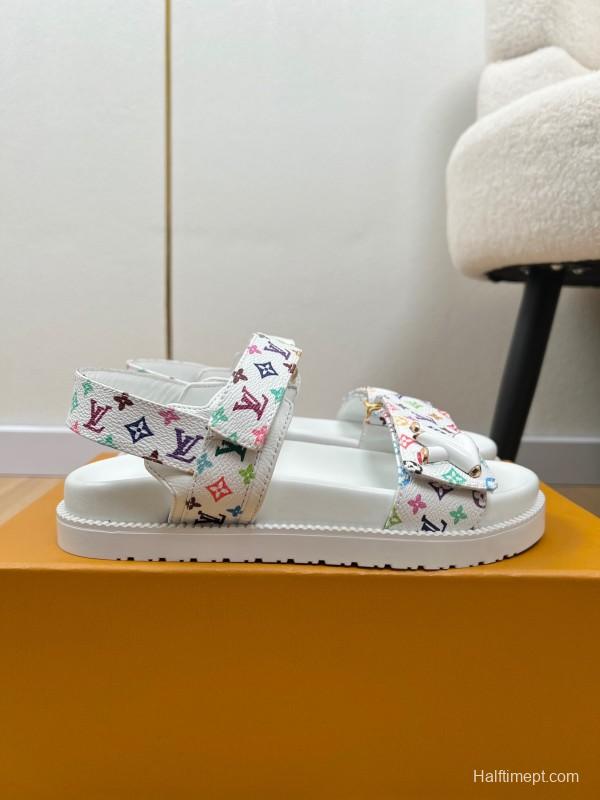 2025 Women Louis Vuitton White Multicolor Leather Sandals KFY00280