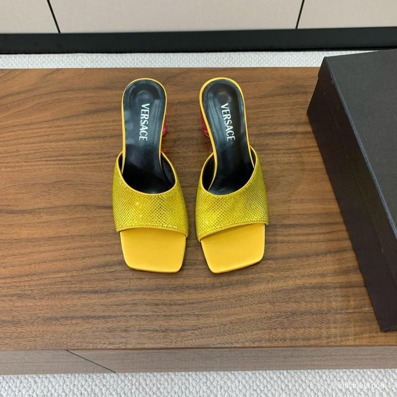2025 Women VERSACE Yellow Leather Slippers