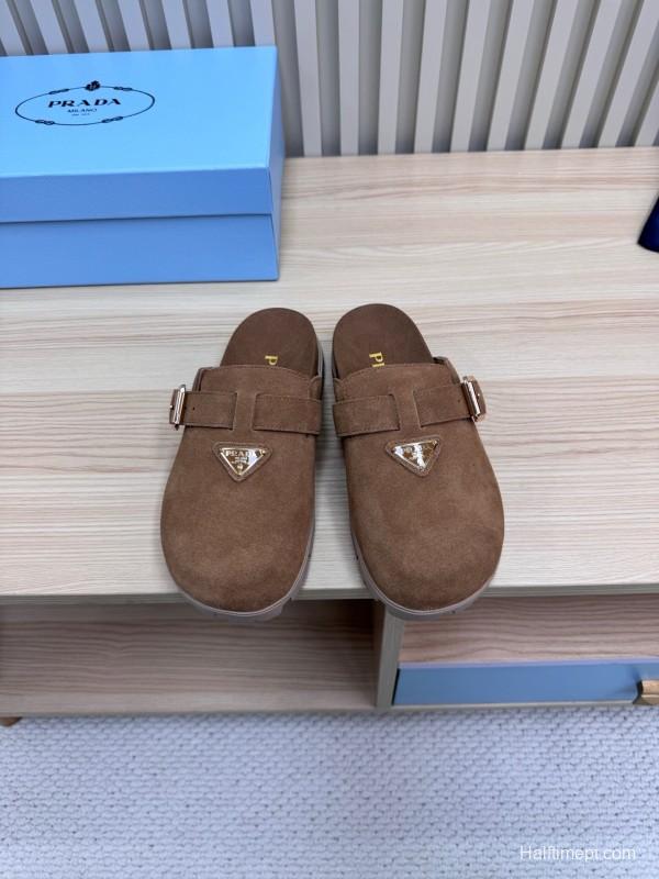 2025 Slippers Prada Brown Suede Slippers LY00280
