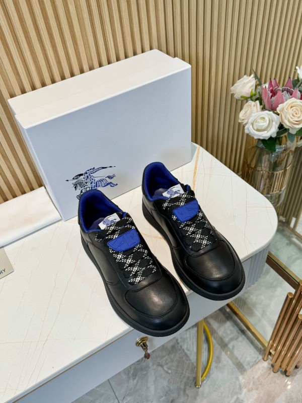 2024 Men BURBERRY Black Blue Calf Leather Sneakers MJ00330